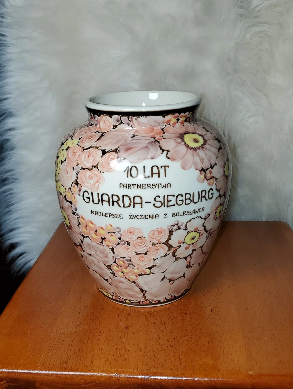 Vintage Boleslawiec Floral Vase Commemorative Of Partnership